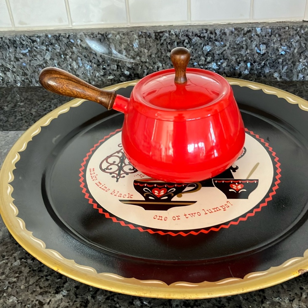 Vintage Enamelware Red Pot With Lid and Wood Handle